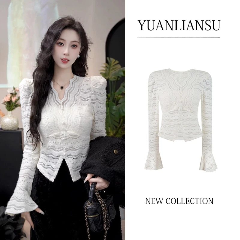 YUANLIANSU/圆脸酥【云川昭记】法式蕾丝气质设计感喇叭袖V领蕾丝衫