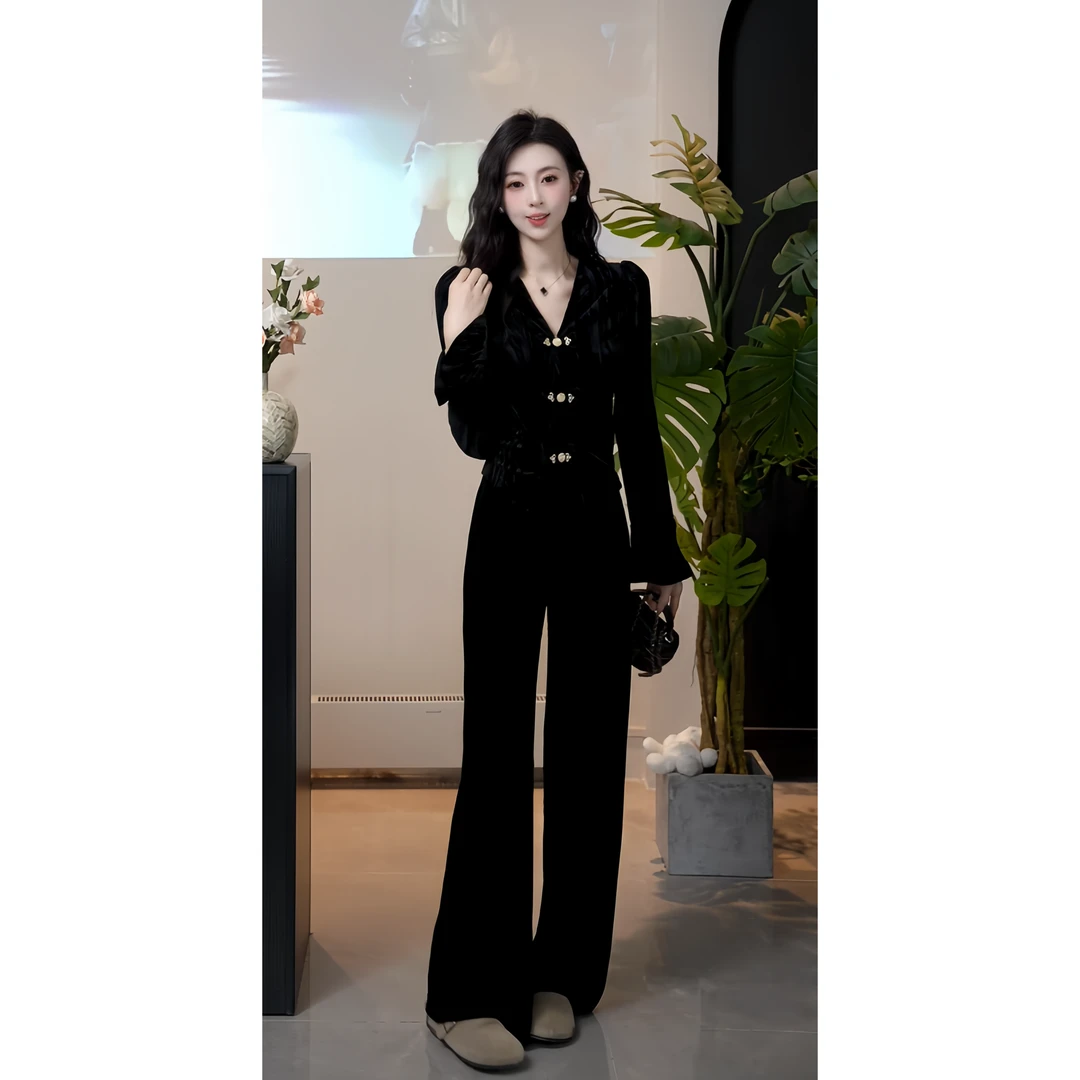 YUANLIANSU/圆脸酥【云海风玲】法式黑色丝绒衬衫+丝绒阔腿裤两件套