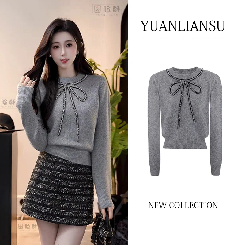YUANLIANSU/圆脸酥【清山烟雨】小香风重工钉珠灰色蝴蝶结显瘦毛衣