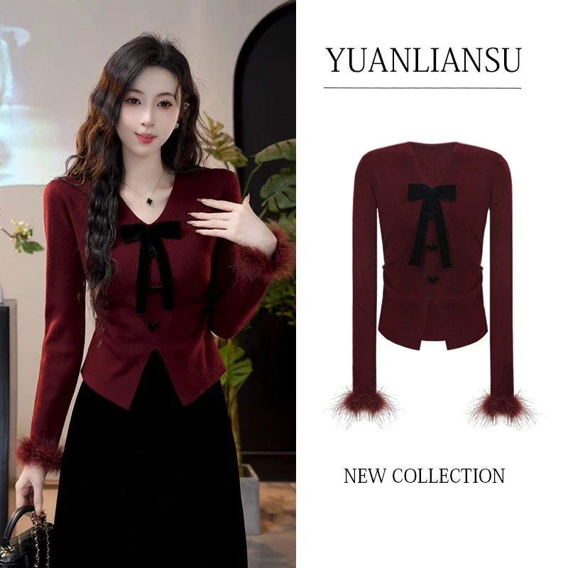 【桃花夭夭】秋冬新款法式温柔甜美名媛蝴蝶结V领长袖针织衫女1962