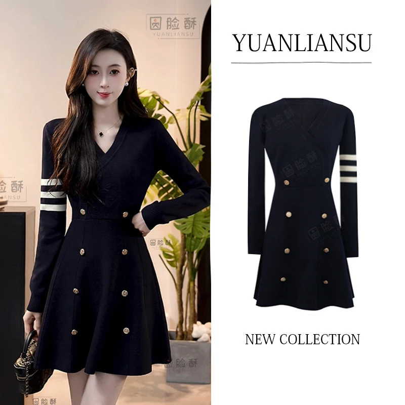 YUANLIANSU/圆脸酥【远谷暮光】小香风高级感V领双排扣针织连衣裙女