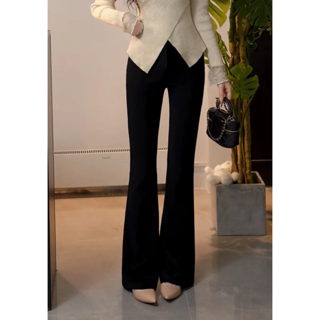 YUANLIANSU/圆脸酥【黑色幽默】秋冬高腰显瘦气质慵懒风直筒微喇裤