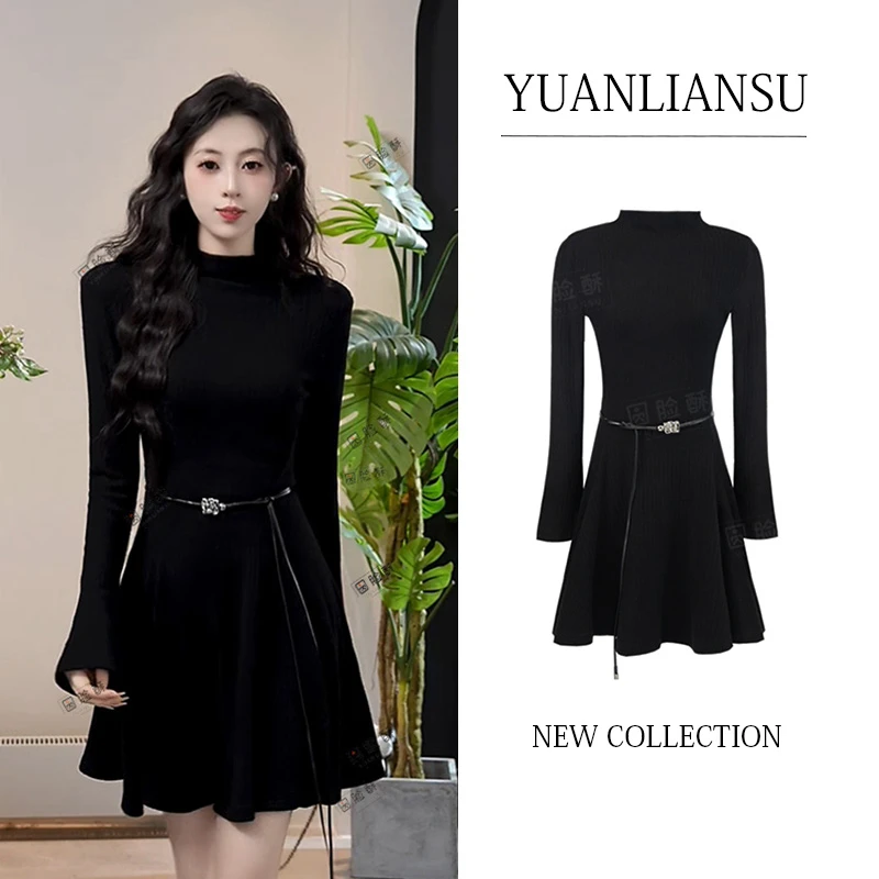 【神秘之夜】新款法式赫本风黑色修身显瘦针织连衣裙秋冬374