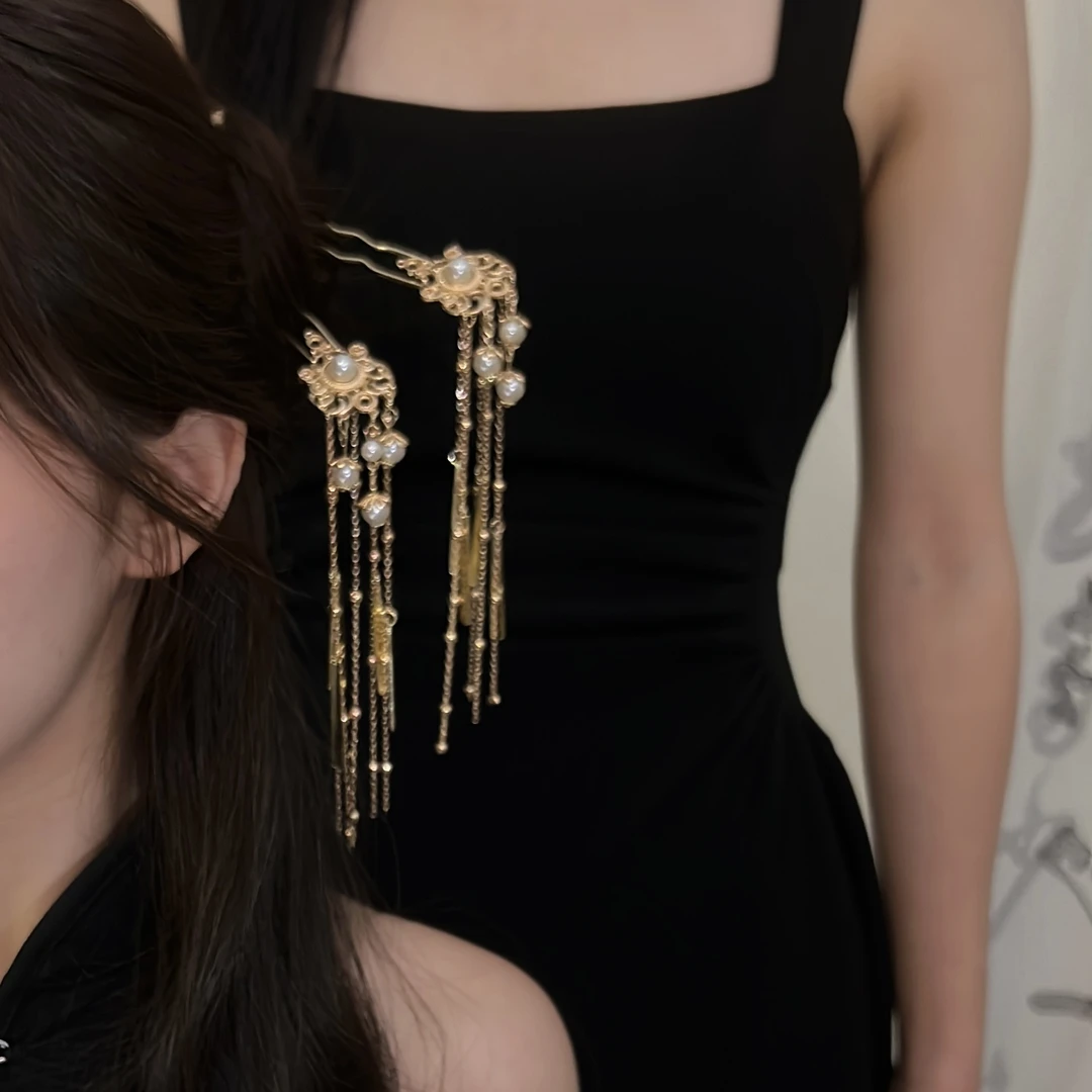 国风金色步摇U型簪气质百搭敦煌风发簪配饰古风长流苏手工簪子