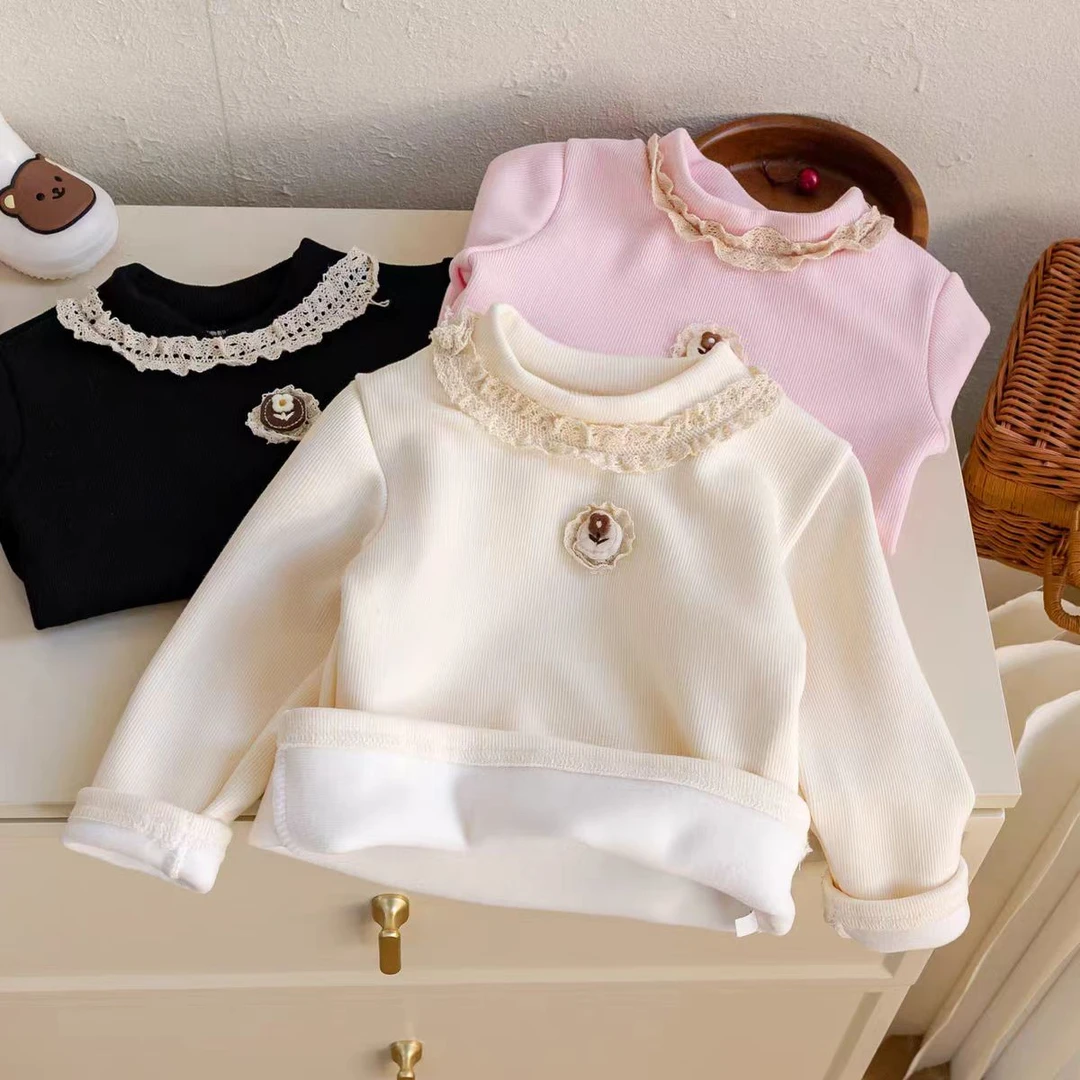 女童打底衫秋冬加绒加厚半高领女宝宝花朵针织长袖弹力套头一体绒