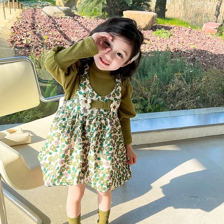 女童春秋季新款韩版甜美休闲洋气碎花裙女宝宝秋季长袖花苞裙子