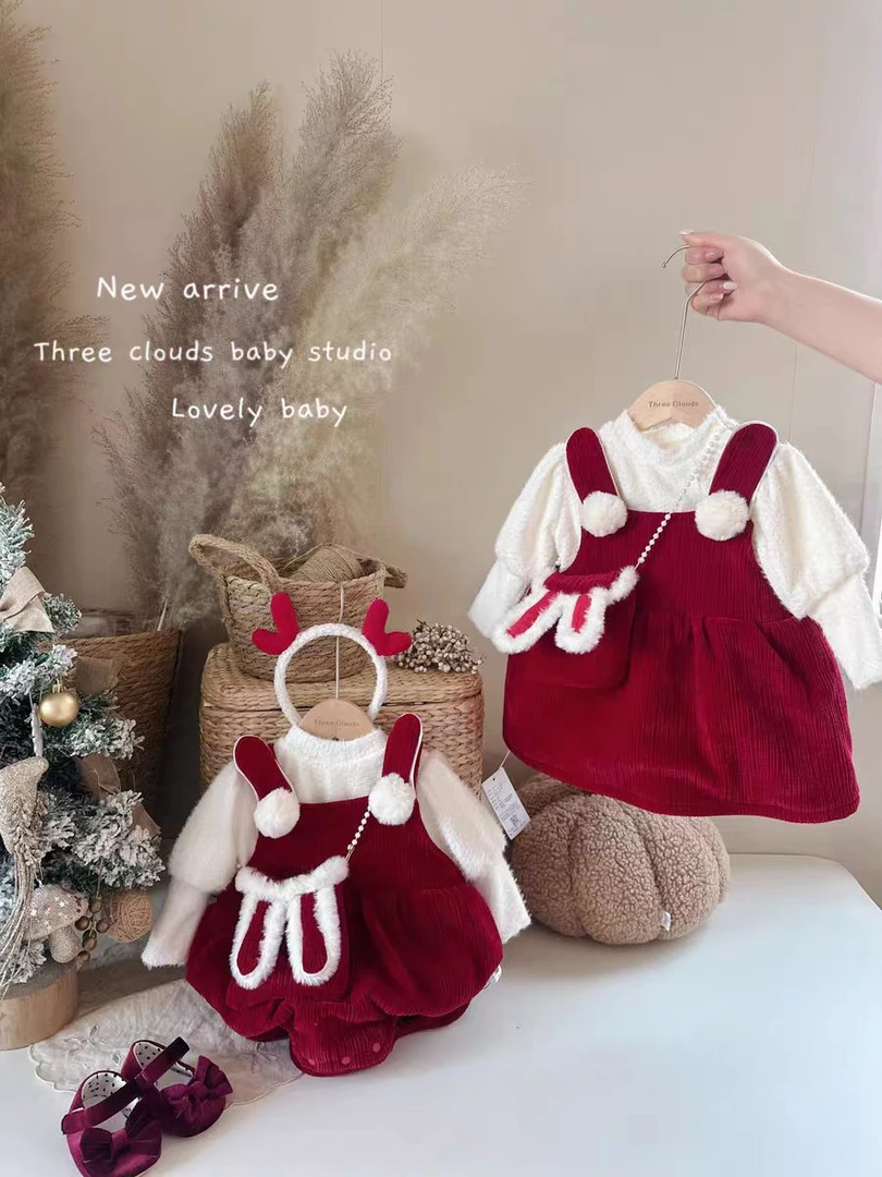 女童连衣裙冬装新款女宝宝周岁礼服小童加绒两件套冬季儿童装红色