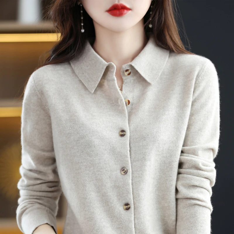 POLO领开衫羊毛百搭打底外穿款长袖翻领开衫女秋冬针织毛衣
