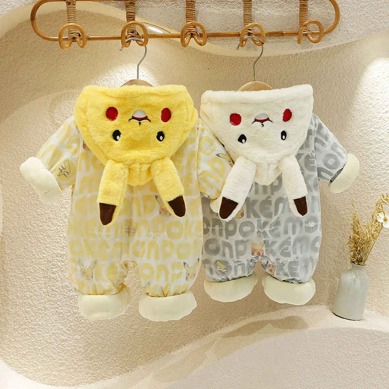 冬季加厚男女宝宝长袖连体爬服皮卡丘外出厚棉哈衣