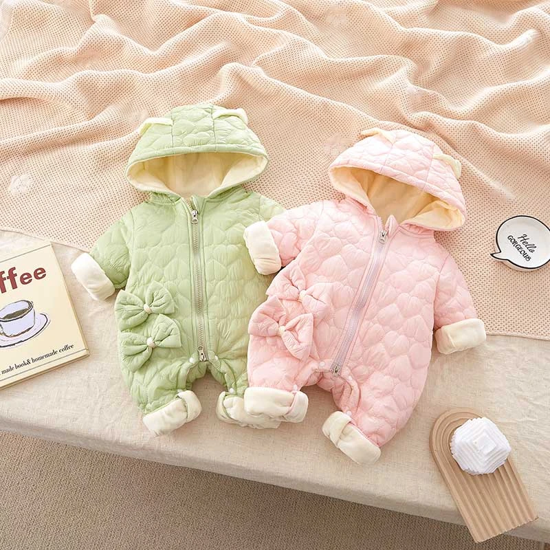 秋冬长袖婴幼儿冬装加绒夹棉蝴蝶结翅膀薄棉儿童哈衣宝宝爬爬服