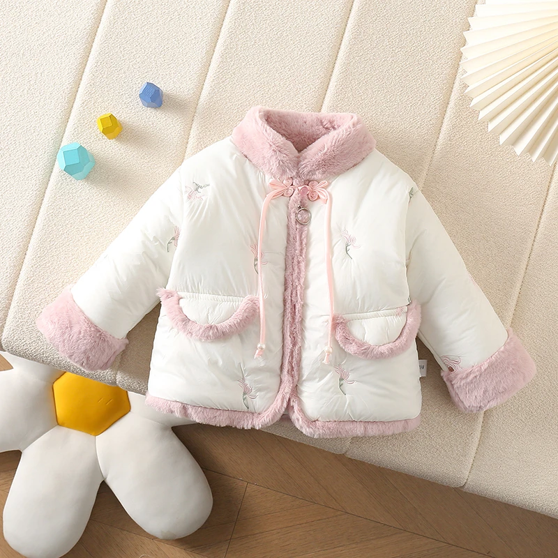 冬季女宝宝加棉加厚洋气新中式周岁新年儿童棉服国风落樱棉外套