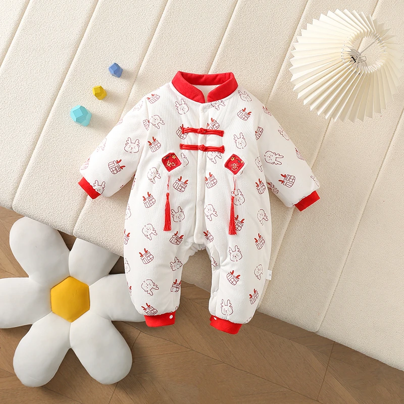 冬季宝宝中国风大红加棉保暖连体如意龙头棉哈衣