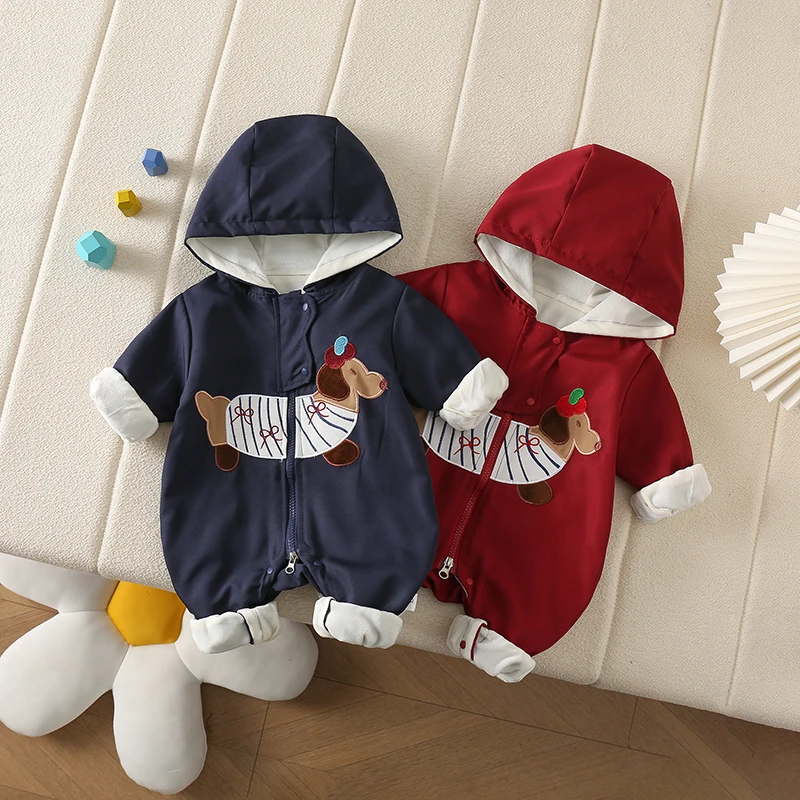春秋新款婴儿加绒连帽洋气宝宝外穿卡通腊肠小狗长袖可爱连体哈衣