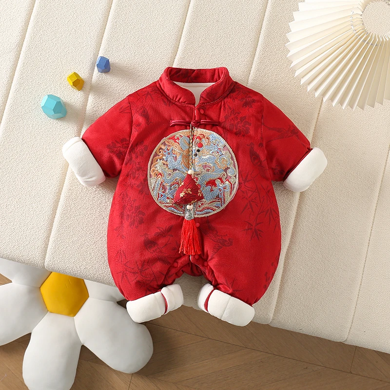 冬季婴儿复古新中式唐装加绒加厚周岁抓周男女宝宝百天服连体衣