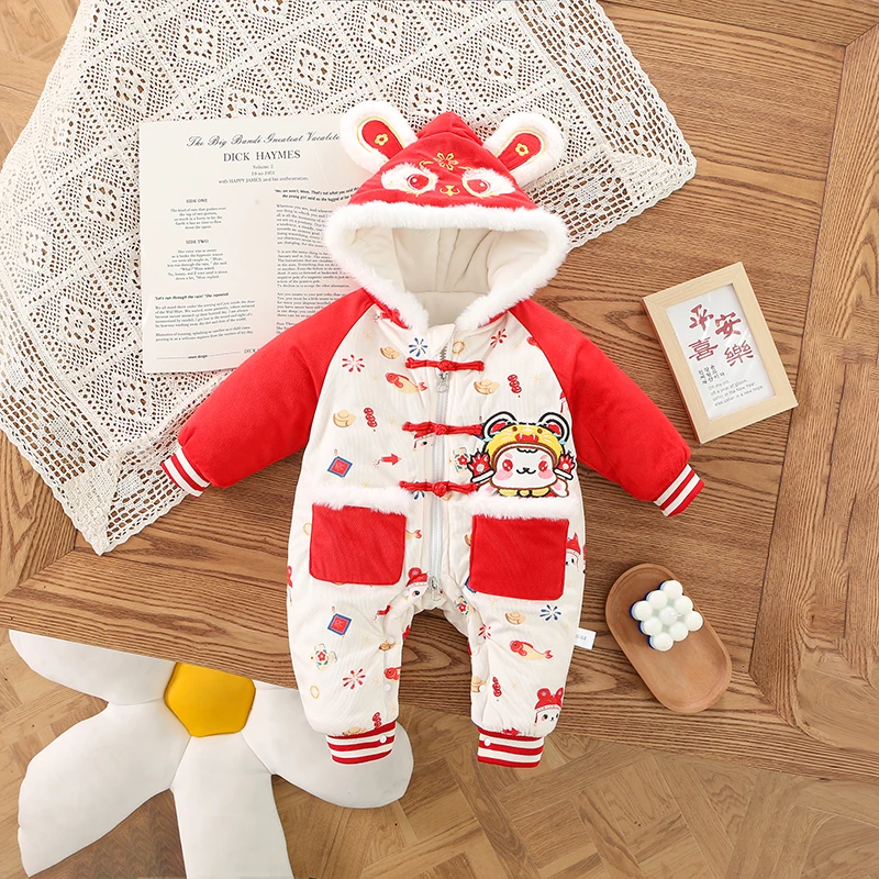 冬季礼服新年装唐装长袖连体衣加绒中国风喜庆拜年服元宝兔厚棉哈