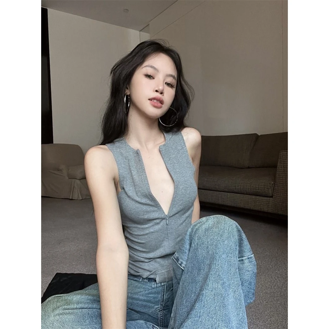 灰色拉链圆领无袖工字背心女2024夏季新款美式甜辣妹修身上衣外穿