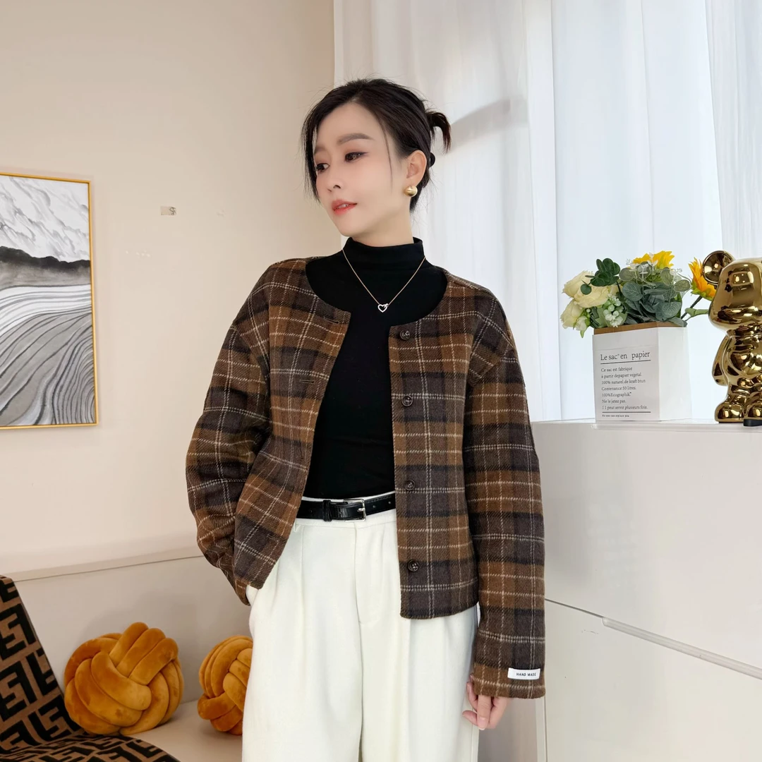 （清）韩系双面羊绒格纹外套2024韩系小众款纯手工缝制羊绒格子
