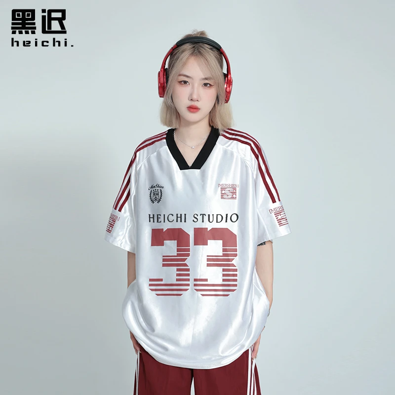 国潮美式V领插肩袖冰感短袖t男女潮牌宽松休闲运动球衣
