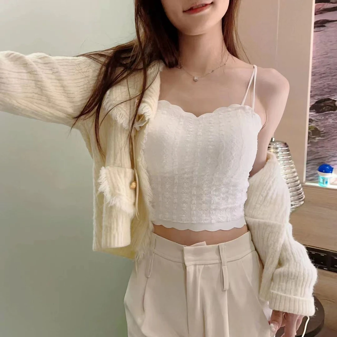 J新款蕾丝性感纯欲小吊带抹胸美背上衣花边打底内搭背心内衣女...