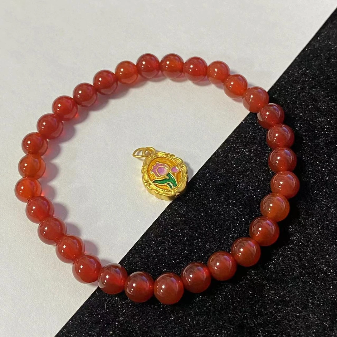 足金999烧蓝款郁金香/玫瑰花牌搭红 玛 瑙手串@@A303