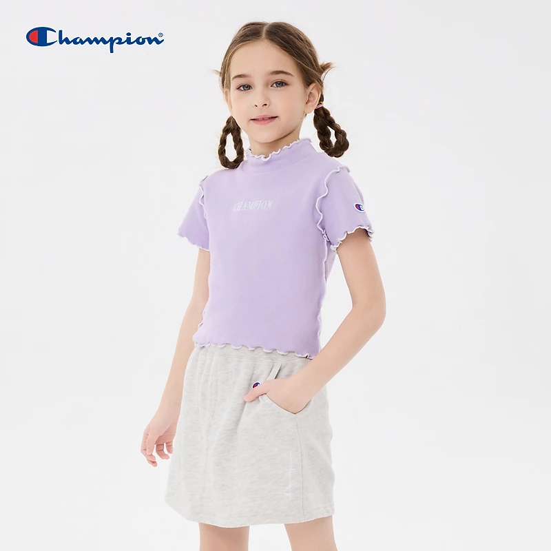 Champion冠军童装2024夏季新款女童风感波粒花边短袖T恤CK-Z327