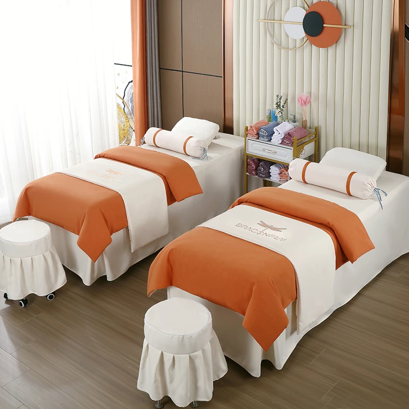 早春新款棉麻简约纯色美容床罩四件按摩推拿洗头床床单免费印LOGO