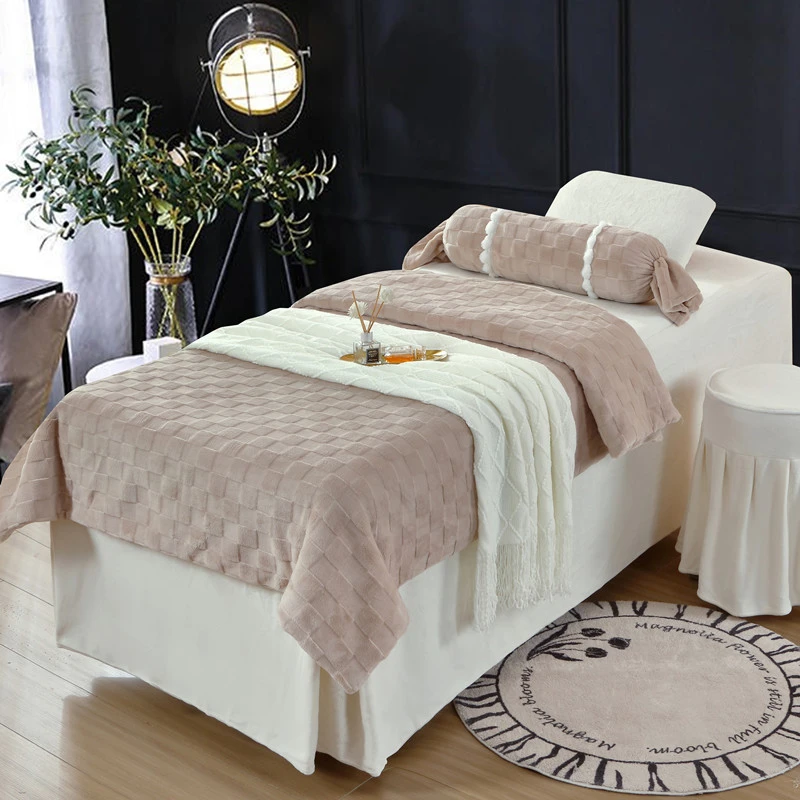 秋冬加厚牛奶绒格子 美容床罩四件套 美容院推拿理疗按摩洗头床单