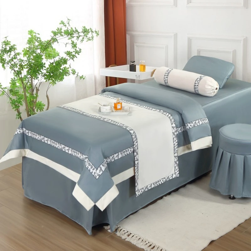 新款 高端美容院床罩四件套 轻奢简约纯色 网红按摩推拿 洗头床单