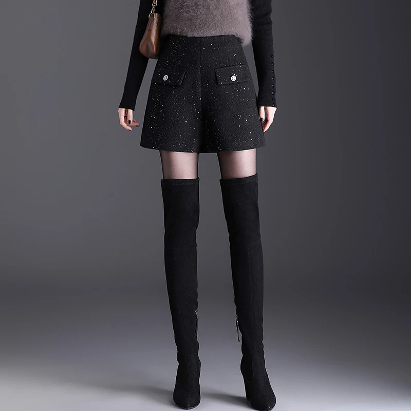 时尚亮片小香风毛呢短裤女2024新款秋冬阔腿靴裤高腰显瘦三分靴裤