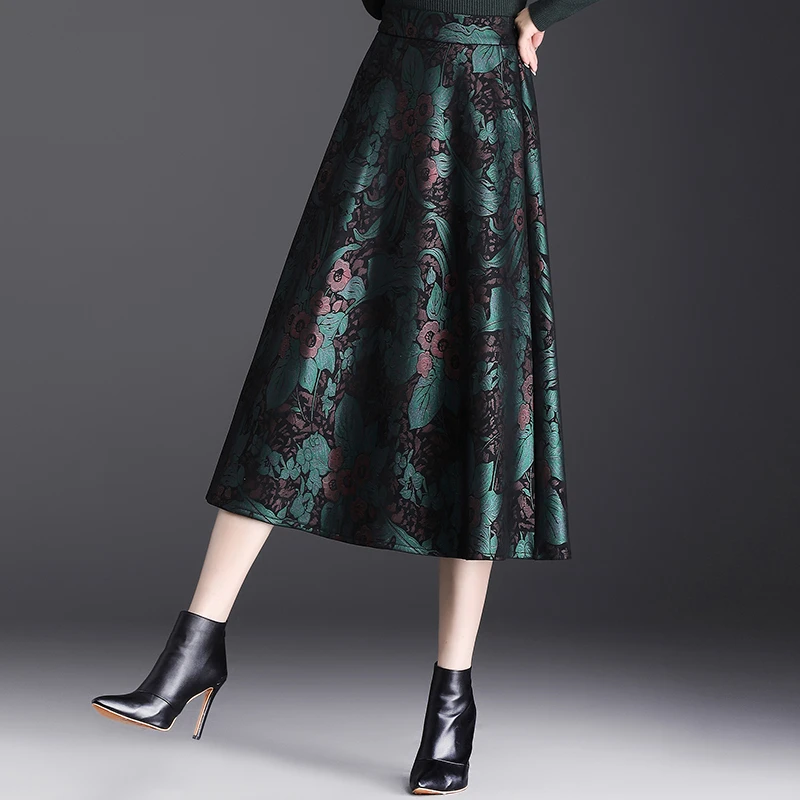 高端显瘦半身裙女秋冬新款高腰a字裙气质中年印花大摆裙半身长裙