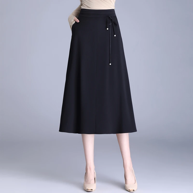 新中式显瘦半身裙中长款夏季新款A字裙子气质高腰黑色百褶大摆裙