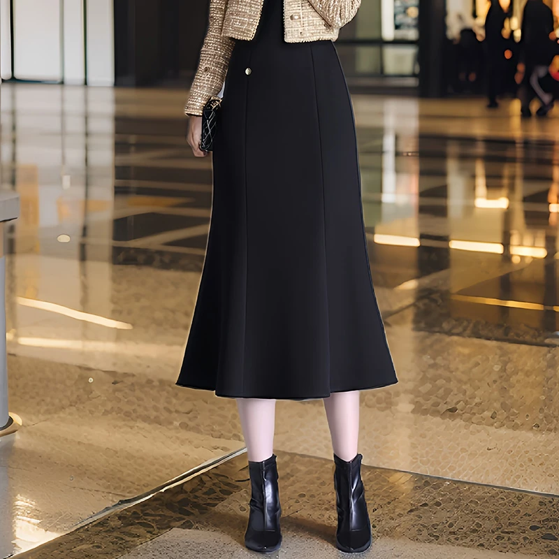 软糯毛呢垂感鱼尾裙秋冬2024新款高腰显瘦半身裙女中长款包臀裙子