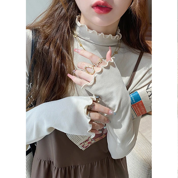 秋冬木耳边半高领内搭修身打底衫女亲肤保暖高弹长袖莫代尔上衣