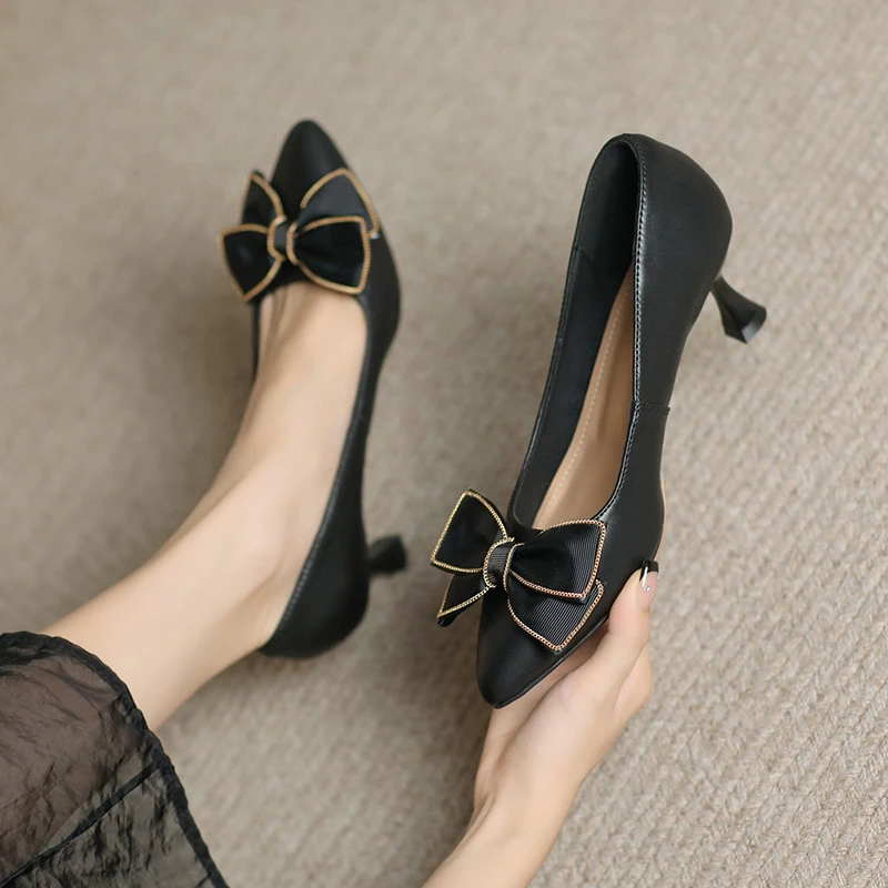 牛皮单鞋25春秋季新款黑色百搭浅口尖头时尚气质小香风浅口高跟鞋