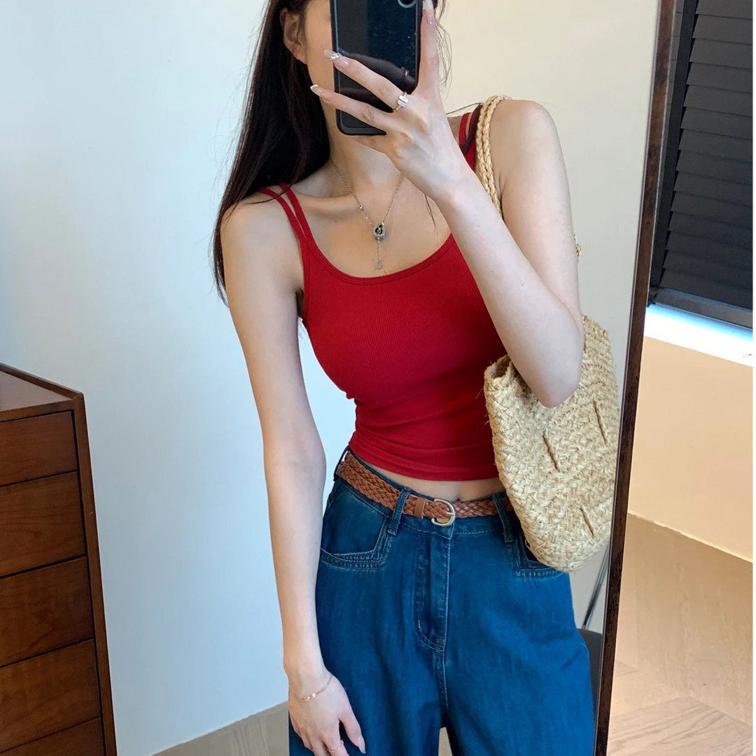 怡莎静韩系螺纹双肩带吊带背心女修身版显瘦百搭自带胸垫内衣美背