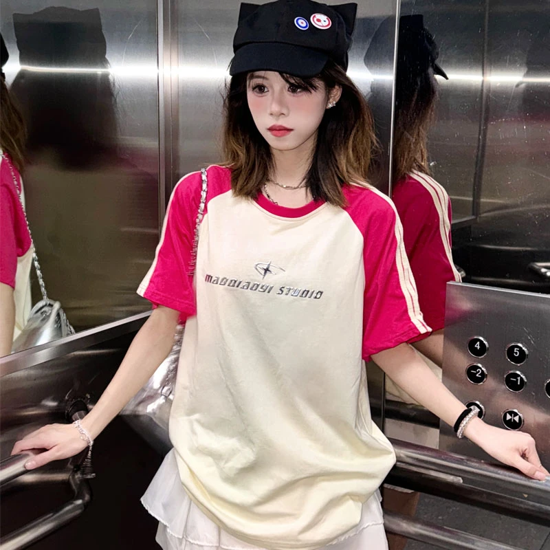 【插肩袖三条杠星空标】爆款拼接短袖t恤女宽松潮流ins休闲百搭上衣