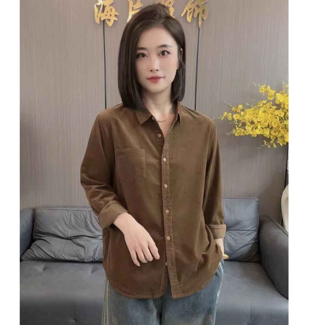 【海片】8372女士秋款灯芯绒衬衫休闲时尚百搭宽松纯色长袖衬衣