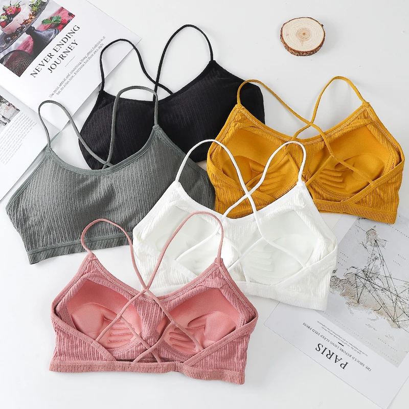 纯棉美背女吊带网红爆款裹背心式一体带胸垫交叉打底内衣夏季