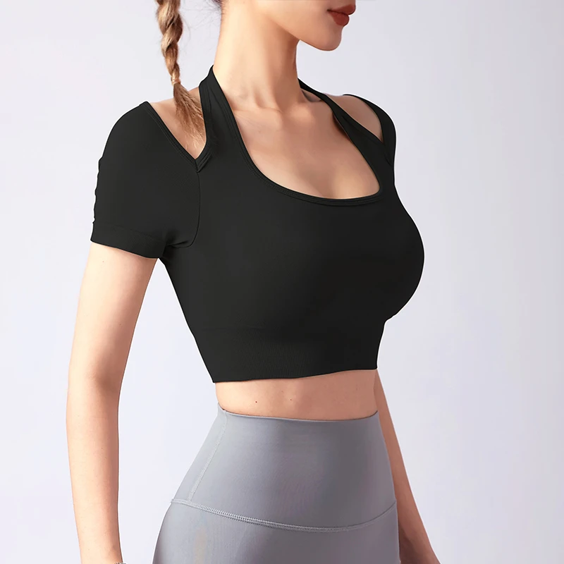 夏季新款上衣运动短袖瑜伽文胸二合一自带胸垫修身锻炼透气美背