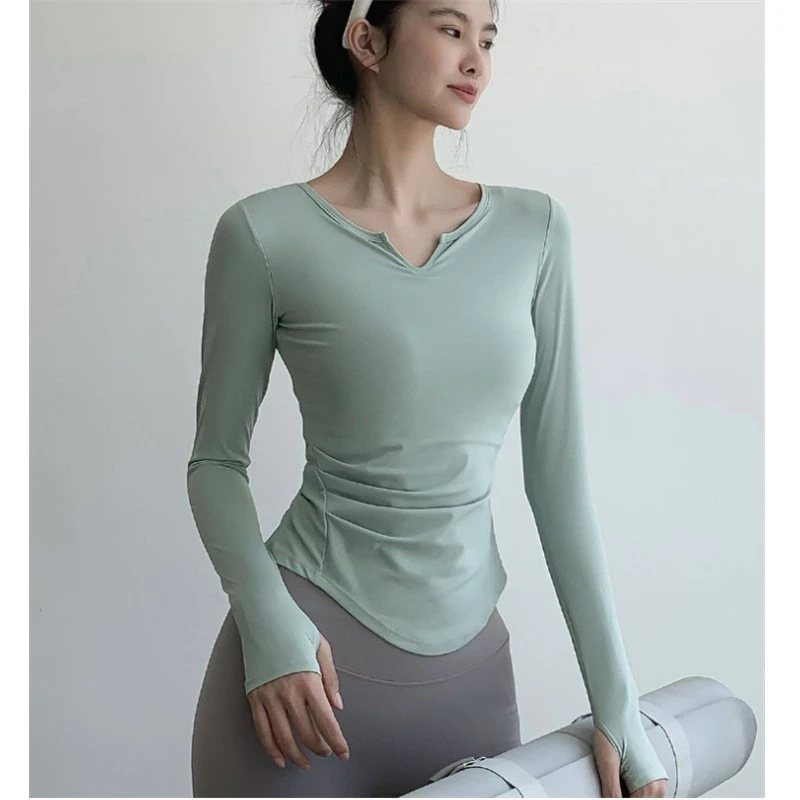 网红瑜伽服长袖女紧身运动V领上衣性感修身健身服网红速干衣T恤