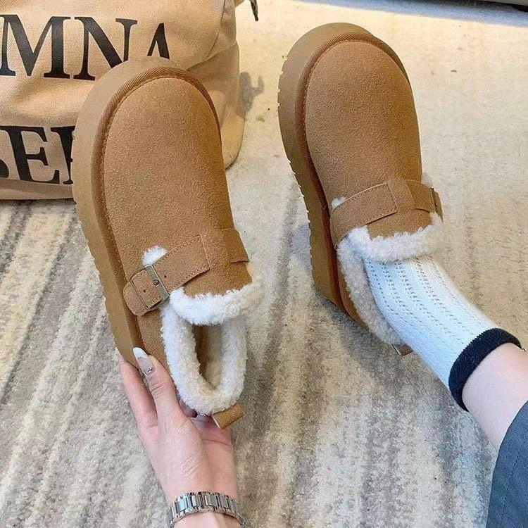勃肯鞋加绒时尚新款2023秋冬保暖厚底防滑套脚懒人一脚蹬毛毛棉鞋