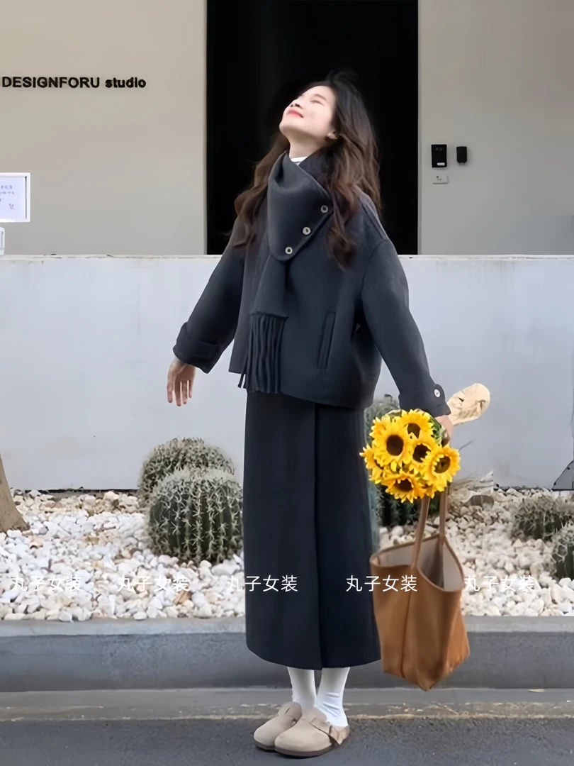 秋冬穿搭一整套女装灰色毛呢外套可拆卸围巾小香风呢子外套半身裙