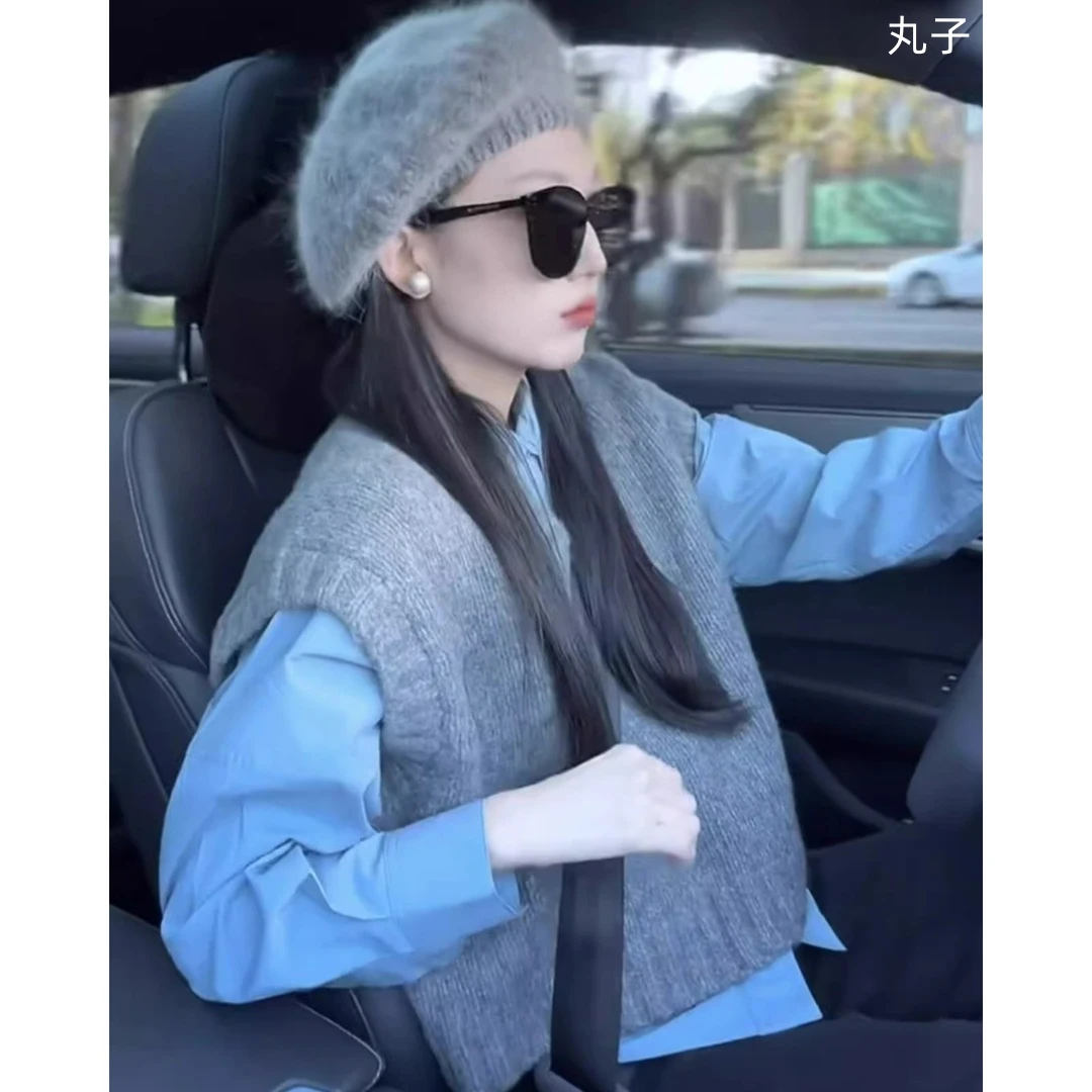 衬衫马甲两件套春今年流行漂亮灰色针织背心女款外穿毛衣叠穿衬衫