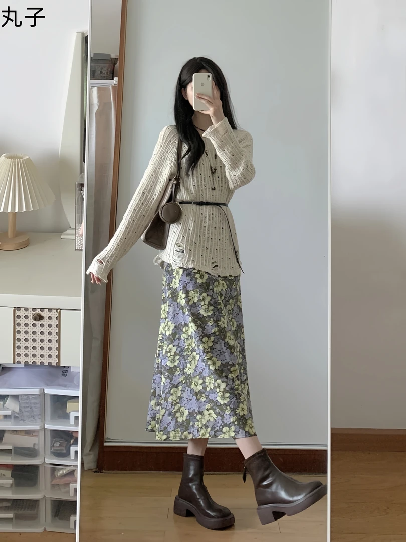 小香风套装镂空针织毛衣宽松显瘦2025秋季新款碎花吊带裙两件套女
