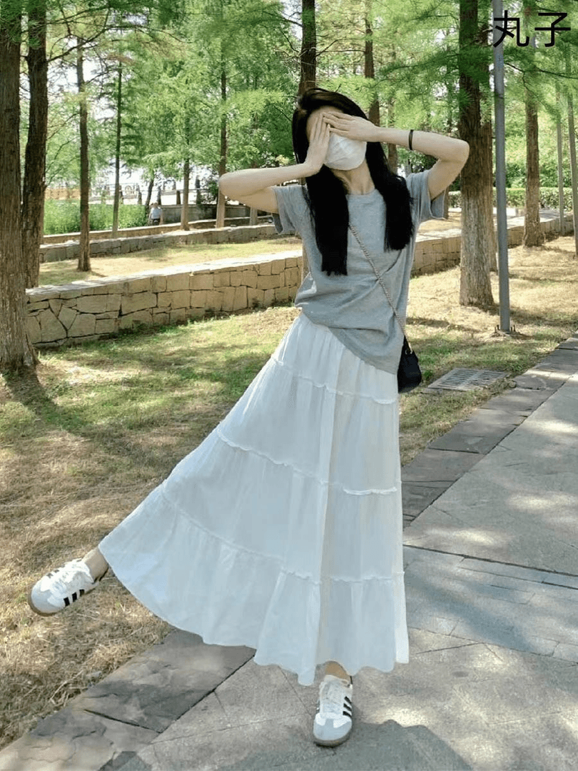 夏季套装女装气质两件套短袖t恤渐变丁达尔风高腰显瘦白色蛋糕裙