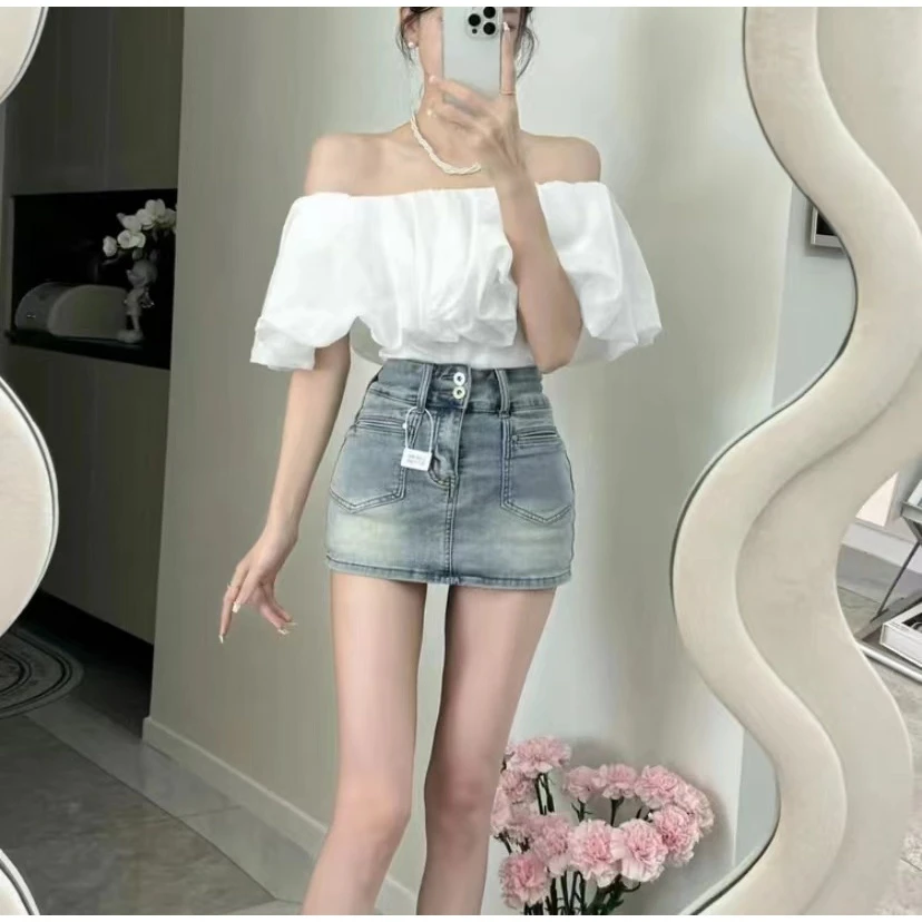 韩系温柔风荷叶边一字领露肩短袖衬衫显瘦包臀牛仔短裙两件套装女