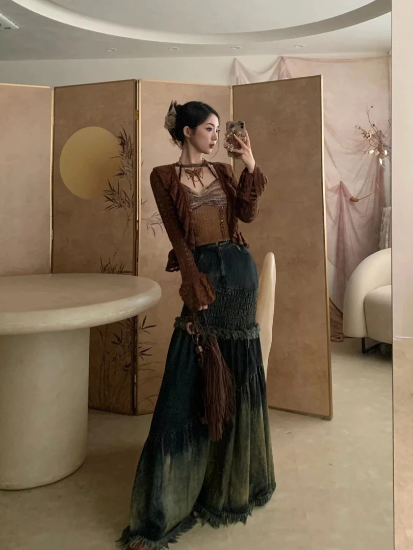 美拉德拼接牛仔半身裙女高腰修身显瘦小众设计感渐变复古鱼尾长裙