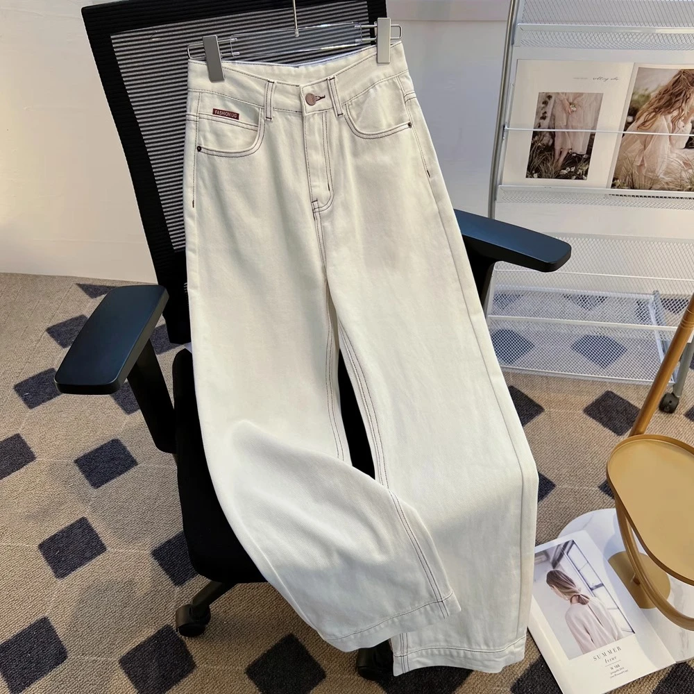 米白色宽松阔腿牛仔裤女2024秋季新款小众高腰显瘦百搭垂感直筒裤