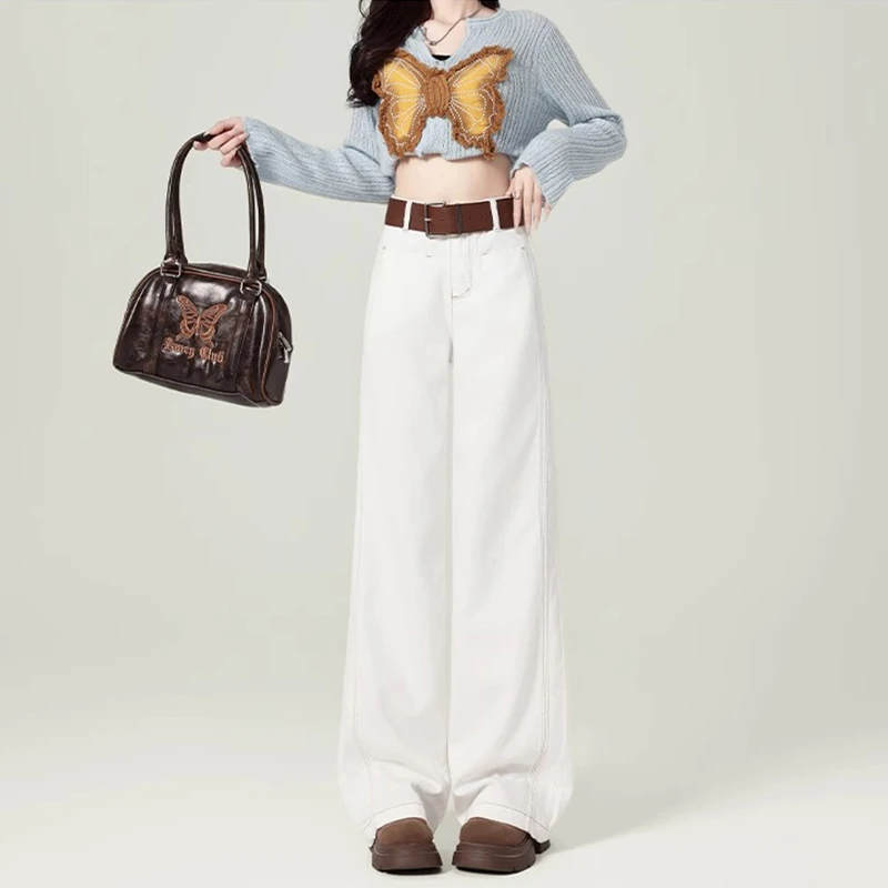 设计感白色直筒牛仔裤女2024早秋新款高腰梨形宽松显瘦阔腿拖地裤