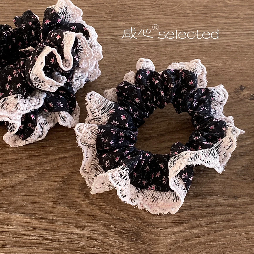 新款蕾丝复古粉甜蝴蝶结碎花大肠发圈甜美蕾丝马尾发绳头饰发饰